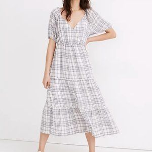 Madewell Plaid Puff Sleeve Tiered Midi Dress Medium
